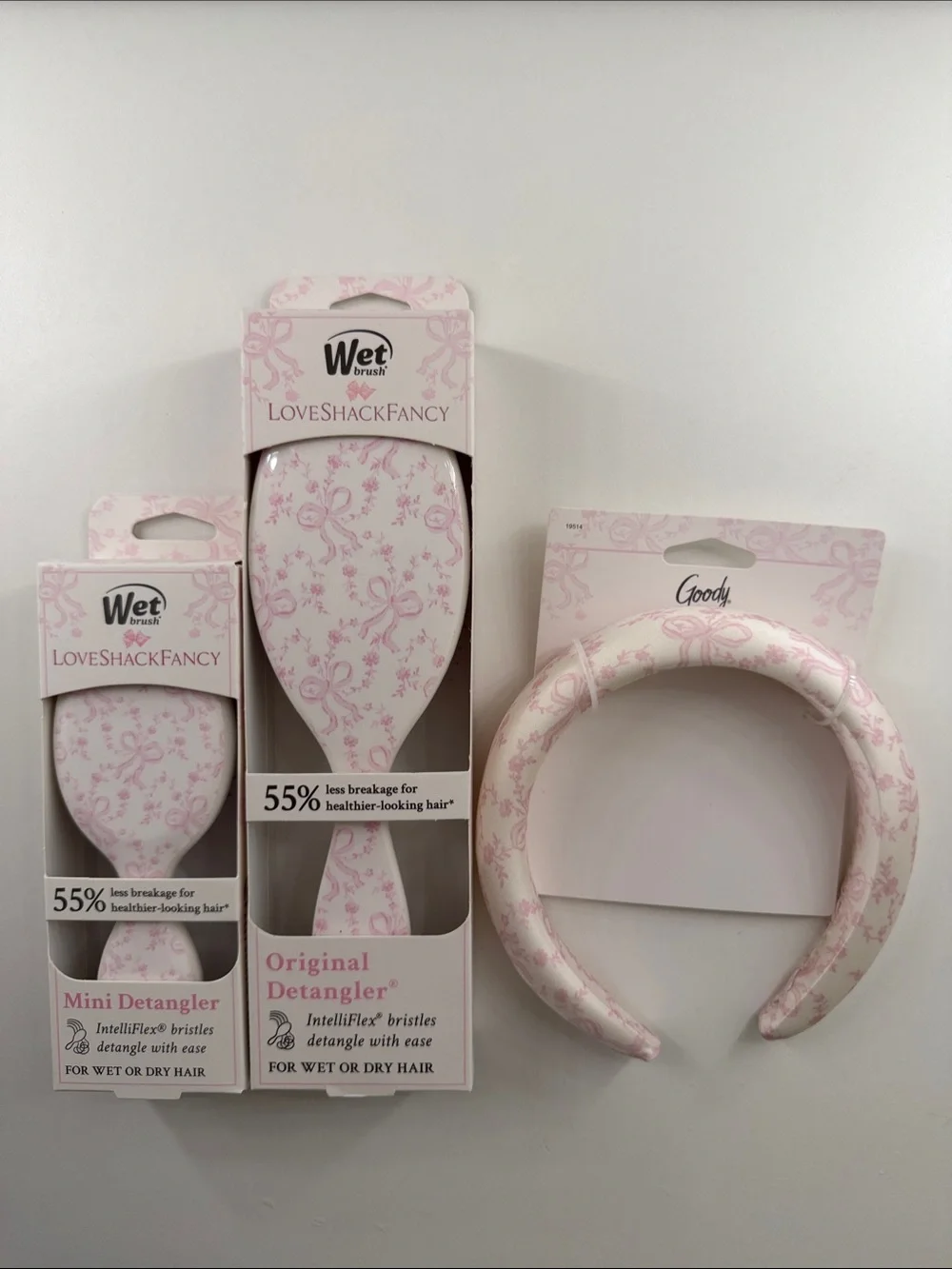 LoveShackFancy Set Pink Floral Coquette Detangler Brush Duo with Padded Headband